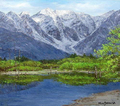 Oil painting, Western painting (can be delivered with oil painting frame) WF6 Taisho Pond and Hotaka Mountain Range Hisao Ogawa, painting, oil painting, Nature, Landscape painting