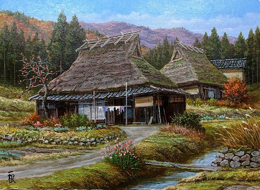 Peinture à l'huile, Tableau western (peut être livré avec cadre peinture à l'huile) format P6 Fin d'Automne, Kyoto Miyama 2 de Kazune Saruwatari, Peinture, Peinture à l'huile, Nature, Peinture de paysage