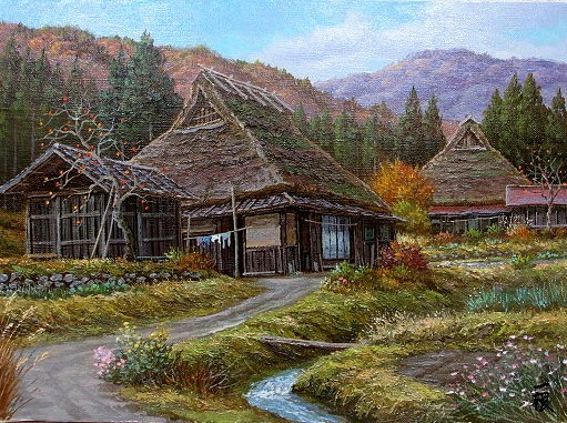 Peinture à l'huile, Tableau western (peut être livré avec cadre peinture à l'huile) format F8 Fin Automne, Kyoto Miyama 1 de Kazune Saruwatari, Peinture, Peinture à l'huile, Nature, Peinture de paysage