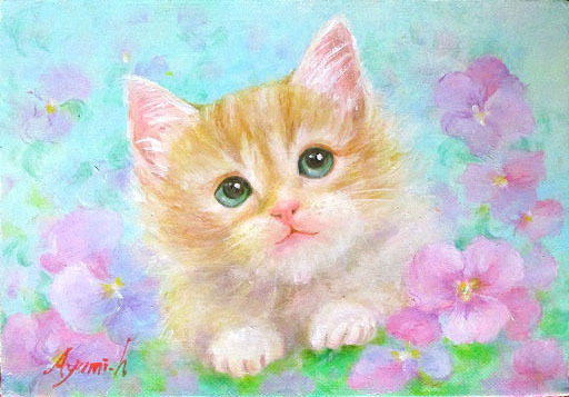 Oil painting, Western painting (delivery possible with oil painting frame) F4 size Pansies and Kittens by Ayumi Hoshino, Painting, Oil painting, Animal paintings