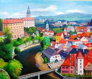Art hand Auction Oil painting, Western painting (can be delivered with oil painting frame) P4 size Cesky Krumlov by Kunio Hanzawa, Painting, Oil painting, Nature, Landscape painting