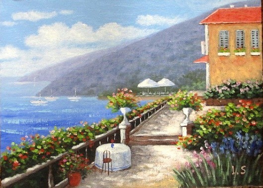 油画西洋画(可送油画框)No.F4地中海2一平新屋敷, 绘画, 油画, 自然, 山水画