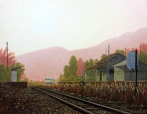 油彩画 洋画 (油絵額縁付きで納品対応可) WF3 「筑豊鉄道」 朝隈 敏彦