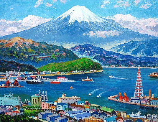 油彩画 洋画 油絵額縁付きで納品対応可  清水港より富士 半澤