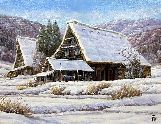 Oil painting, Western painting (can be delivered with oil painting frame) M8 size Snowy Shirakawa-go by Kazune Saruwatari, Painting, Oil painting, Nature, Landscape painting