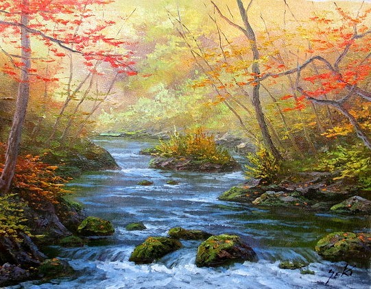Ölgemälde, Westliches Gemälde (Lieferung mit Ölgemälderahmen möglich) M6 Oirase Stream (Herbst) Kenzo Seki, Malerei, Ölgemälde, Natur, Landschaftsmalerei