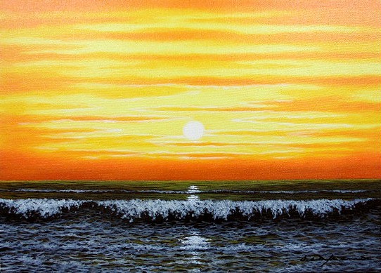 油画, 西洋画(可配油画框)F4 日出的大海 浅隈俊彦, 绘画, 油画, 自然, 山水画