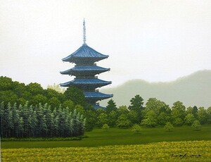 油彩画 洋画 (油絵額縁付きで納品対応可) WSM 「備中国分寺」 朝隈 敏彦