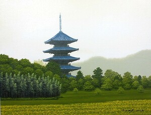 油彩画 洋画 (油絵額縁付きで納品対応可) F4 「備中国分寺」 朝隈 敏彦