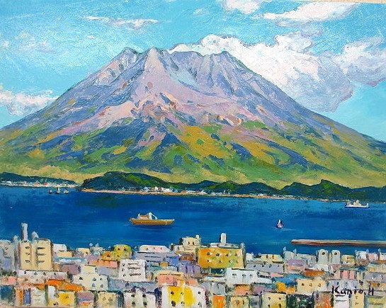 Oil painting, Western painting (can be delivered with oil painting frame) No. M20 Sakurajima Kunio Hanzawa, painting, oil painting, Nature, Landscape painting
