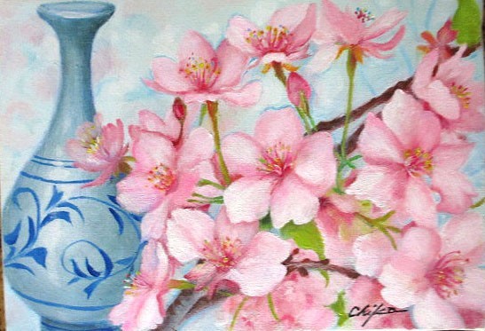 Oil painting, Western painting (delivery possible with oil painting frame) F4 size Sakura 4 Chika Naito, Painting, Oil painting, Nature, Landscape painting