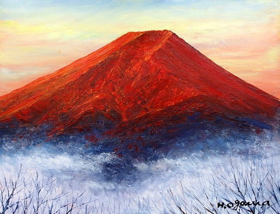 油彩画 洋画 (油絵額縁付きで納品対応可) F6号 ｢赤富士1｣ 小川 久雄, 絵画, 油彩, 自然, 風景画