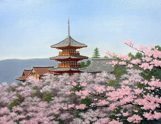 Pintura al óleo, Cuadro occidental (se puede entregar con marco de pintura al óleo) F4 Cerezos en flor en el templo Kiyomizu-dera Toshihiko Asakuma, Cuadro, Pintura al óleo, Naturaleza, Pintura de paisaje