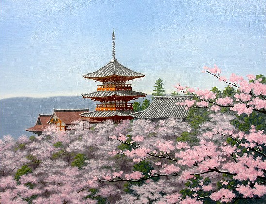 油彩画 洋画 (油絵額縁付きで納品対応可) F6 ｢清水寺に桜｣ 朝隈 敏彦, 絵画, 油彩, 自然, 風景画