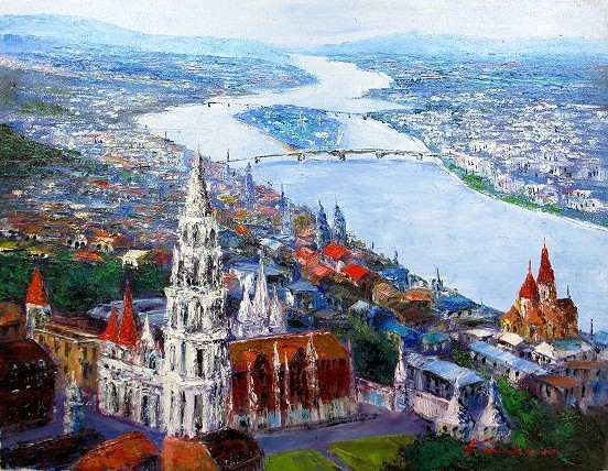 油画, 西洋画(可送油画框) P15 多瑙河风景 布达佩斯 中岛浩二, 绘画, 油画, 自然, 山水画