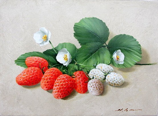 Oil painting, Western painting (delivery possible with oil painting frame) M4 size Strawberry Hideaki Yasuda, Painting, Oil painting, Still life