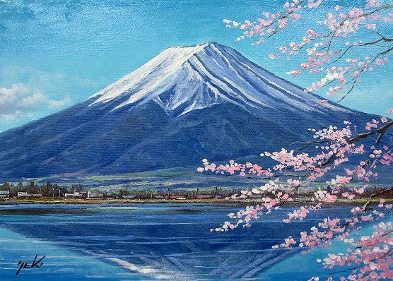 油画 西洋画 (可送油画框) M10 富士和樱花 关健三 (Kenzo Seki), 绘画, 油画, 自然, 山水画