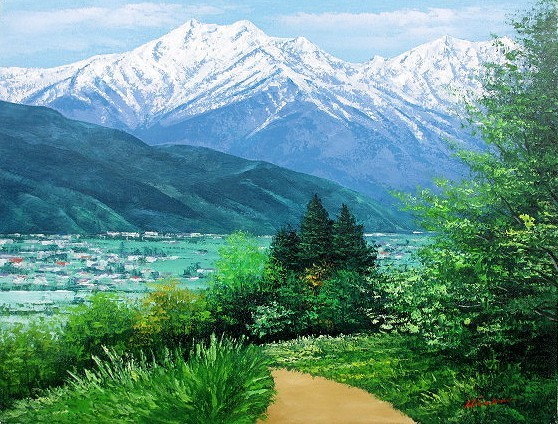 油画, 西洋画(可附油画框) M15 安昙野 广濑一之, 绘画, 油画, 自然, 山水画