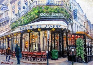 Art hand Auction Oil painting, Western painting (can be delivered with oil painting frame) P15 size Paris Cafe 1 Kunio Hanzawa, Painting, Oil painting, Nature, Landscape painting