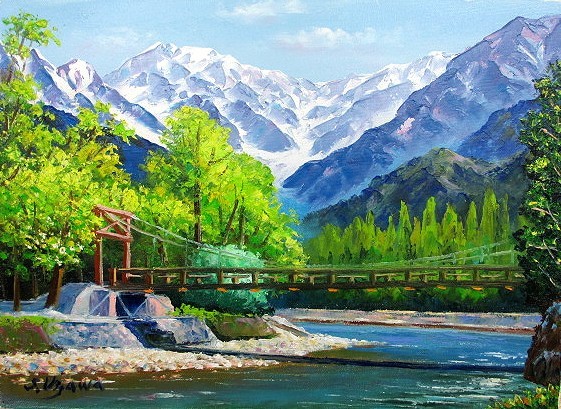 तैल चित्र, पश्चिमी पेंटिंग (तेल चित्रकला फ्रेम के साथ वितरित किया जा सकता है) P10 आकार कप्पा ब्रिज हज़ावा शिमिज़ु, चित्रकारी, तैल चित्र, प्रकृति, परिदृश्य चित्रकला