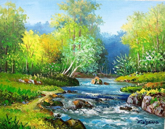 油彩画 洋画 (油絵額縁付きで納品対応可) M12号 ｢奥入瀬渓流｣ 羽沢 清水, 絵画, 油彩, 自然, 風景画
