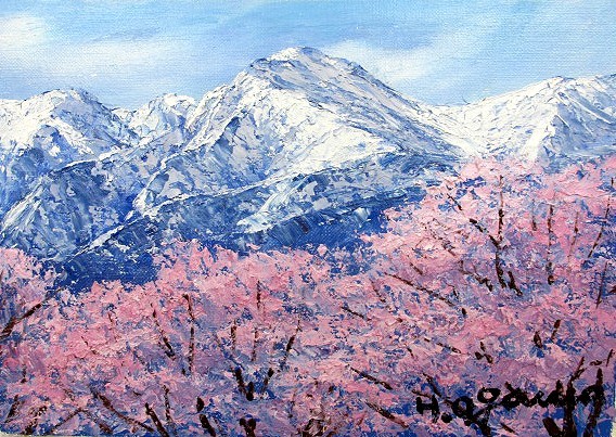 油画, 西洋画(可配油画框)F3尺寸 小川久夫的《常念山樱花》, 绘画, 油画, 自然, 山水画