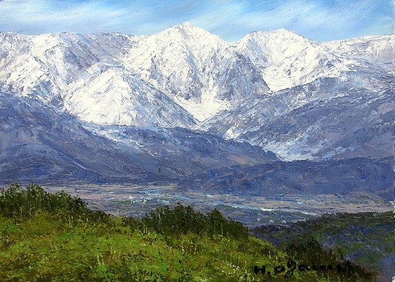 油画, 西洋画(可附油画框) M8 白马山脉风景 小川久夫, 绘画, 油画, 自然, 山水画