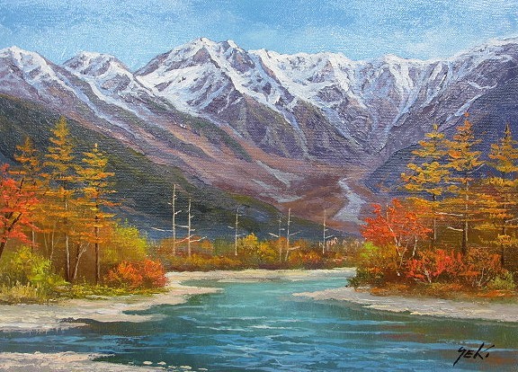 油画 西洋画(可送油画框) P6 上高地梓河与穗高关健三, 绘画, 油画, 自然, 山水画