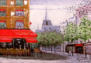 油彩画 洋画 (油絵額縁付きで納品対応可) F6号 「シャンゼリゼのカフェ（横）」 石川 佳図