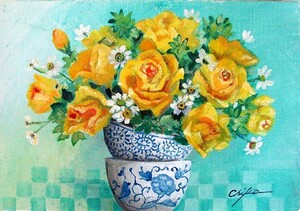 油彩画 洋画 (油絵額縁付きで納品対応可) SM 「器と黄色いバラ」 内藤 千嘉