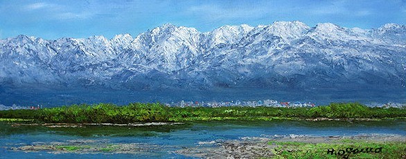 油彩画 洋画 (油絵額縁付きで納品対応可) WF6 「白馬連峰と姫川」 小川 ...