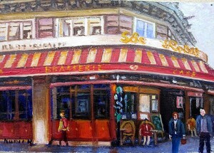 油彩画 洋画 (油絵額縁付きで納品対応可) WF6 「パリのカフェ２」 半澤 国雄