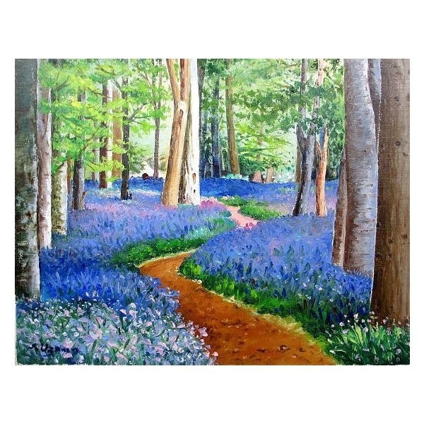 油彩画 洋画 (油絵額縁付きで納品対応可) M4号 ｢ブルーベルの森｣ 羽沢 清水, 絵画, 油彩, 自然, 風景画