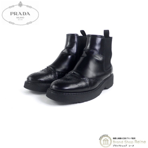 プラダ （PRADA） プラダスポーツ サイドゴア ショート ブーツ ウイングチップ レザー ブーティー 靴 #36 ブラック （中古）