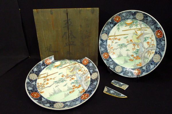 仕入値引 明治時代　古伊万里　染錦　三鷺に花の図　三つ重ね鉢　3点揃い 食器