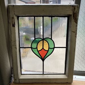 8s-92 アンティークステンドグラス ハート柄/花草柄/上下使い可 1920年代英国製/イギリス製