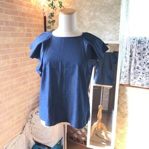 美品 I.D.G INDIGOS 肩フリル ふりるフレンチスリープ ソフトデニム オーバートップス 背中ジッパー サイズフリーF(ML程度)