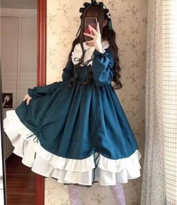 ロリータ ワンピース 長袖 深緑 緑 グリーン りぼん ハート フリル 丸襟