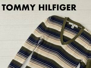 ☆送料無料☆ TOMMY HILFIGER トミーヒルフィガー 古着 ボーダー ニット セーター レディース S グリーン トップス 中古 即決