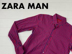 ☆送料無料☆ ZARA MAN ザラ メン 古着 長袖 チェック ボタンダウン スーパースリム シャツ メンズ M レッド トップス 中古 即決