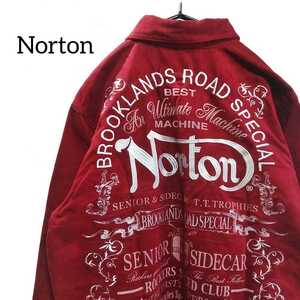 324 【Norton】 ノートン 刺繍 スウェード調 長袖 シャツ トップス Mサイズ 赤 レッド バック刺繍 派手 ワンポイントロゴ メンズ