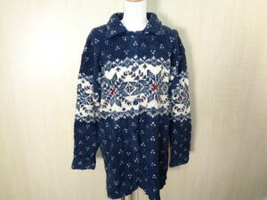 b861◆90s USA製 DENIM&Co. ボアコート◆デニムアンドコー sizeM ネイビー ノルディック柄 裏地なし レディース 女性 USED 古着 4C