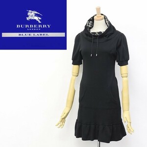 ◆BURBERRY BLUE LABEL/バーバリーブルーレーベル ホース刺繍 ハイネック 裾ティアード 半袖 コットン ワンピース ブラック 36