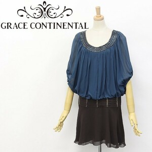 ◆GRACE CONTINENTAL/グレースコンチネンタル シルク100％ シフォン ビーズ装飾 ギャザー 切替 ボリュームスリーブ ワンピース 36