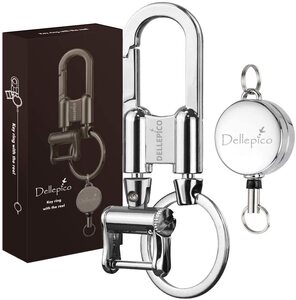 【送料無料】DELLEPICO キーホルダー リール付 キーチェーン キーリング カラビナ 亜鉛合金製 銀 シルバー 専用箱付 プレゼント (silver)