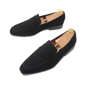 24cm men's original leather suede square tu Italian Loafer slip-on shoes hand made shoes business casual black S5006