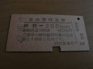 自由席特急券　網野→200kｍまで　昭和49年10月17日発行　網野駅発行　国鉄　宮津線