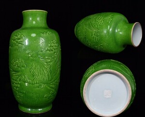 中国古美術 清雍正 緑釉 浮雕鳳紋梅瓶 ■高さ49CM 横25CM