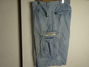 ヴィンテージ加工☆POLO JEANS☆６ポケットデニムカーゴショーツ♪USED美品W３４