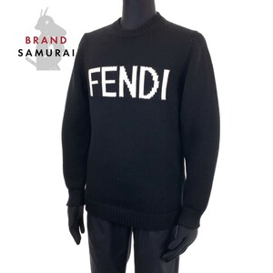 FENDI フェンディ フロントロゴ サイズ48 100%ウール ブラック ホワイト ウール 長袖 セーター ニット トップス メンズ 104004